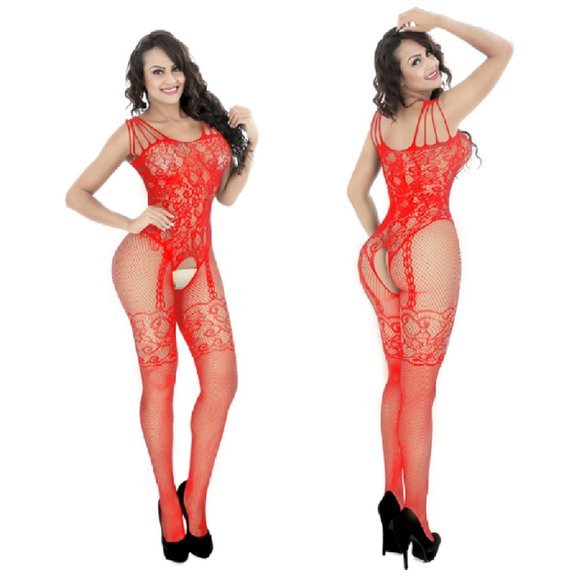 RED FISHNET BODYSUIT LINGERIE FOR WOMEN–LENCERIA - Picture 1 of 4
